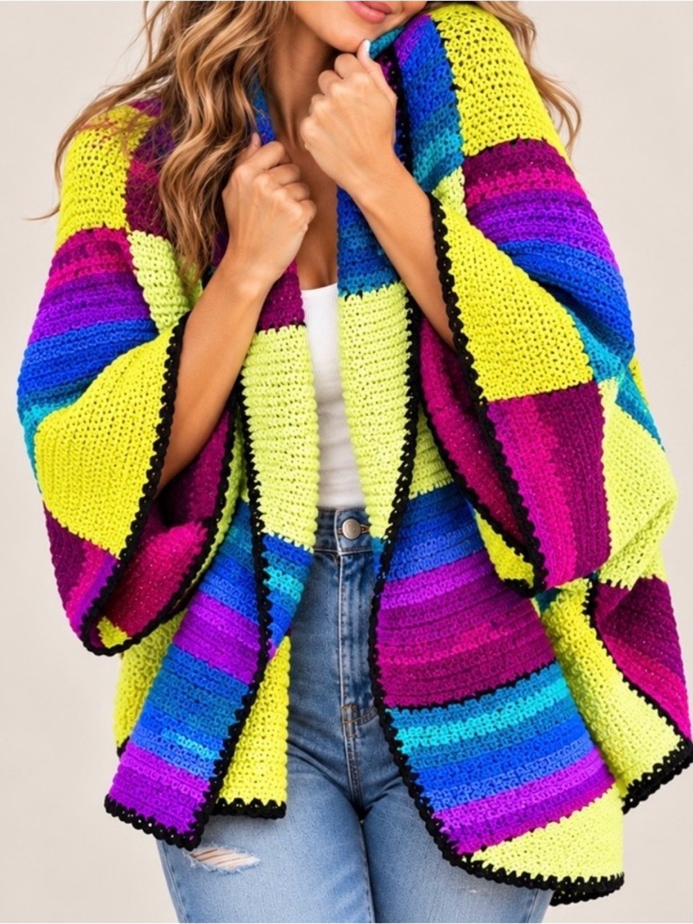 Handmade Oversized Crochet Patchwork Cocoon Cardigan Boho